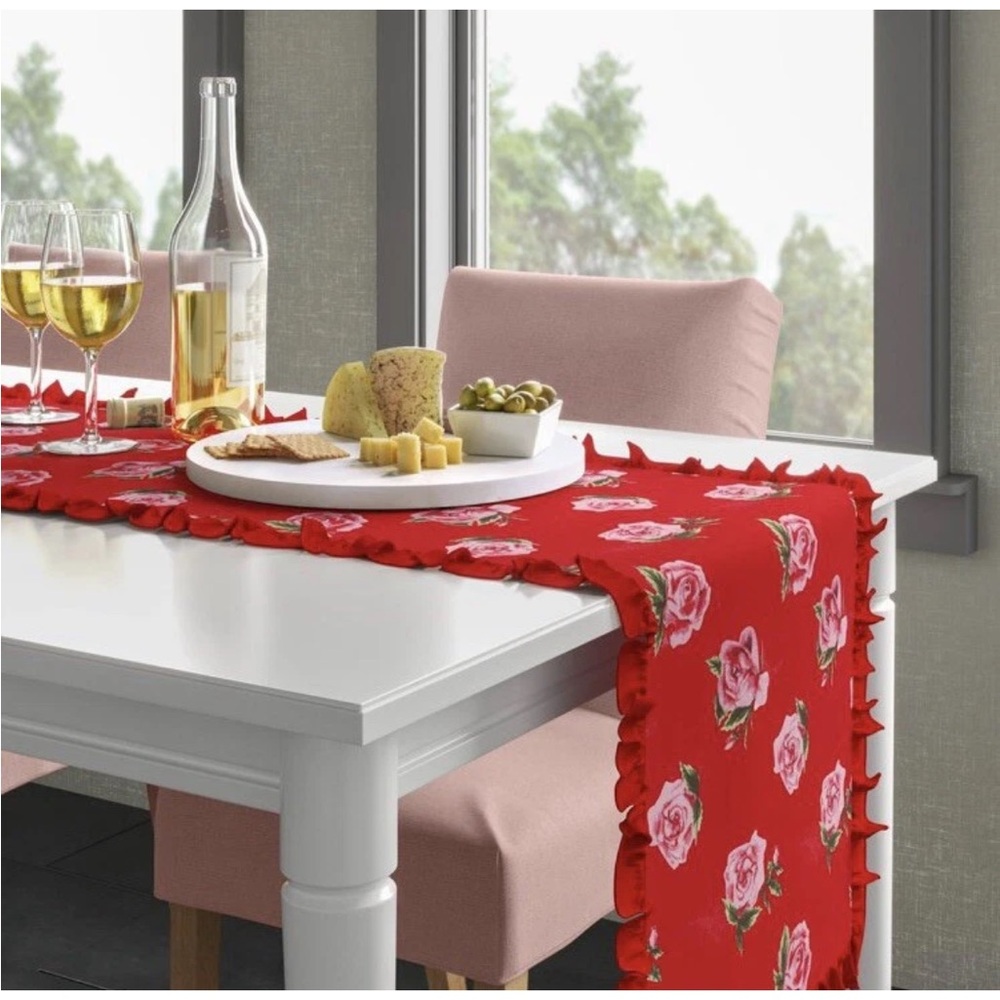 Threshold Valentines Table Runner Red Rose Stripes Ruffles 14” x 72” Reversible - Picture 3 of 9